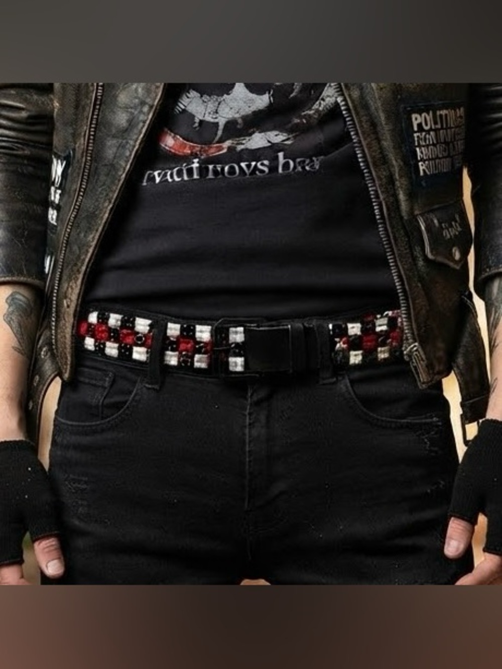 Black Red White Checkered Pyramid Studded Belt Size 40 Statement Accessory Punk